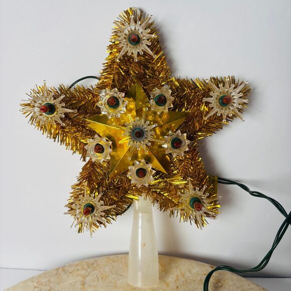 Vintage Christmas Tree Topper Light Lighted Star Gold Tinsel Retro‎ 6 1/2" - Picture 1 of 8